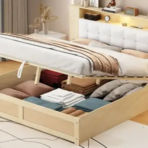 Queen Size Tufted Upholstered Platform Bed with Storage Headboard and Hydraulic Storage System, Storage Motion Activated Night Lights and USB Charger