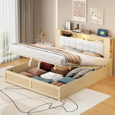 Queen Size Tufted Upholstered Platform Bed with Storage Headboard and Hydraulic Storage System, Storage Motion Activated Night Lights and USB Charger