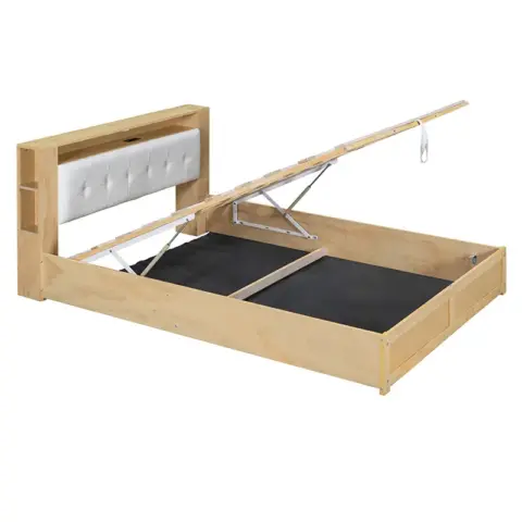 Queen Size Tufted Upholstered Platform Bed with Storage Headboard and Hydraulic Storage System, Storage Motion Activated Night Lights and USB Charger