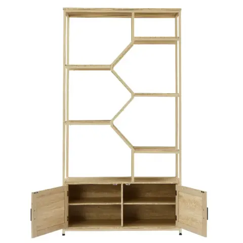 Rattan Bookshelf 7 Tiers Bookcases Storage Rack With Cabinet For Living Room Home Office, Natural 1