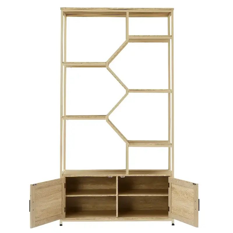 Rattan bookshelf 7 tiers Bookcases Storage Rack with cabinet for Living Room Home Office, Natural, 39.4'' W x 13.8'' D x 75.6'' H.