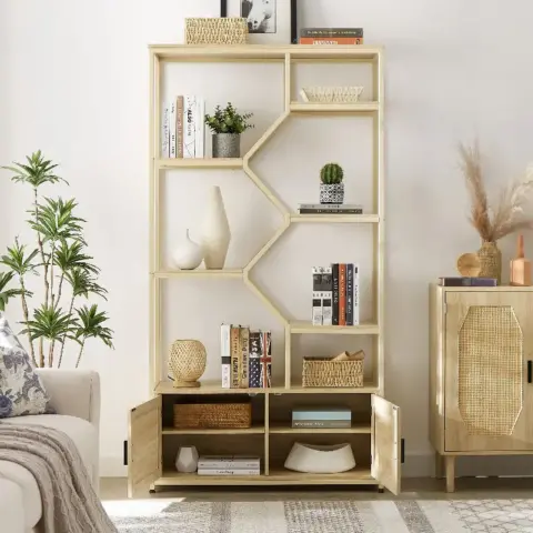 Rattan Bookshelf 7 Tiers Bookcases Storage Rack With Cabinet For Living Room Home Office, Natural 11