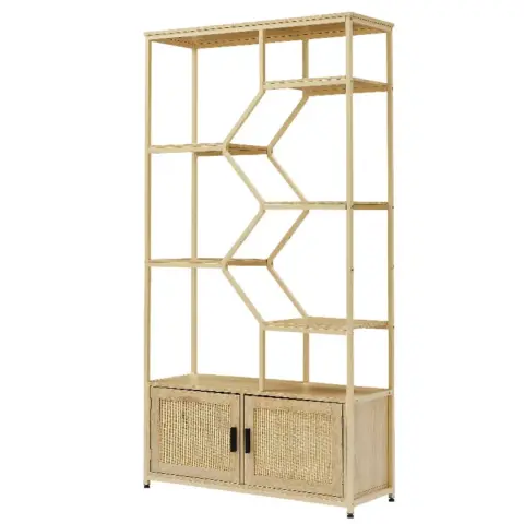 Rattan Bookshelf 7 Tiers Bookcases Storage Rack With Cabinet For Living Room Home Office, Natural 13