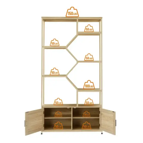 Rattan Bookshelf 7 Tiers Bookcases Storage Rack With Cabinet For Living Room Home Office, Natural 14