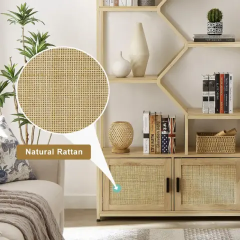 Rattan Bookshelf 7 Tiers Bookcases Storage Rack With Cabinet For Living Room Home Office, Natural 18