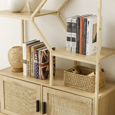 Rattan Bookshelf 7 Tiers Bookcases Storage Rack With Cabinet For Living Room Home Office, Natural 2