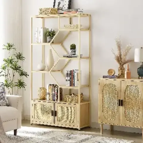 Rattan Bookshelf 7 Tiers Bookcases Storage Rack With Cabinet For Living Room Home Office, Natural 5