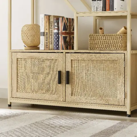 Rattan Bookshelf 7 Tiers Bookcases Storage Rack With Cabinet For Living Room Home Office, Natural 6