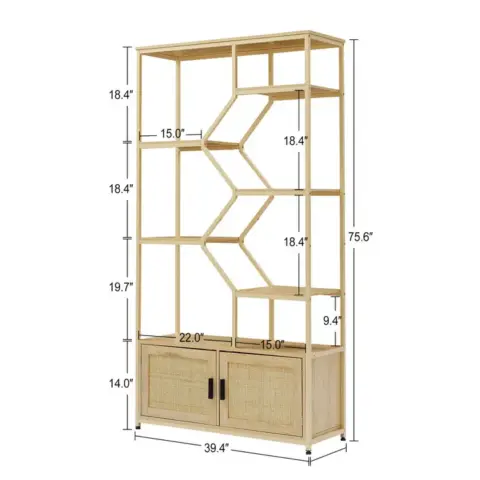 Rattan Bookshelf 7 Tiers Bookcases Storage Rack With Cabinet For Living Room Home Office, Natural 7