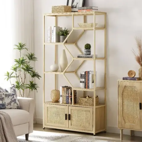 Rattan Bookshelf 7 Tiers Bookcases Storage Rack With Cabinet For Living Room Home Office, Natural 8