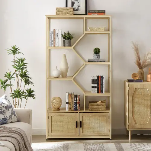 Rattan bookshelf 7 tiers Bookcases Storage Rack with cabinet for Living Room Home Office, Natural, 39.4” W x 13.8” D x 75.6” H