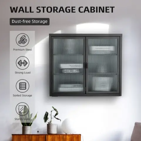 Retro Style Haze Double Glass Door Wall Cabinet With Detachable Shelves For Office, Dining Room,living Room, Kitchen And Bathroom 2