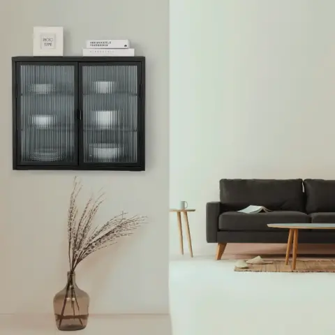 Retro Style Haze Double Glass Door Wall Cabinet With Detachable Shelves For Office, Dining Room,living Room, Kitchen And Bathroom 3