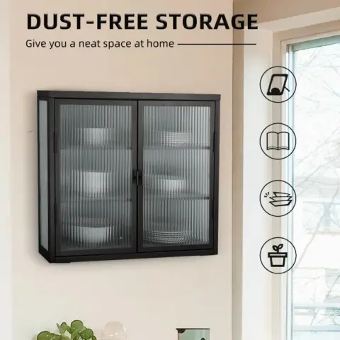 Retro Style Haze Double Glass Door Wall Cabinet With Detachable Shelves For Office, Dining Room,living Room, Kitchen And Bathroom 4