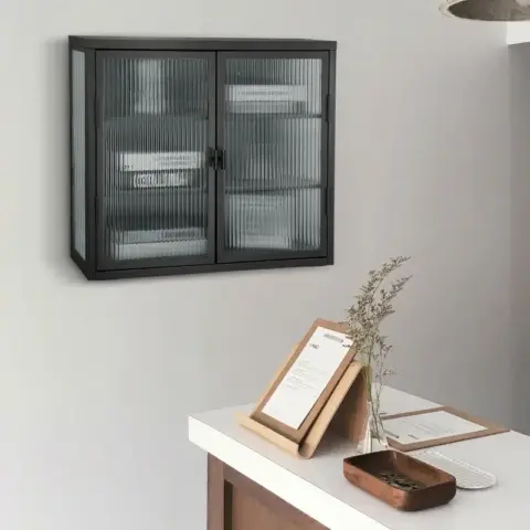 Retro Style Haze Double Glass Door Wall Cabinet With Detachable Shelves For Office, Dining Room,living Room, Kitchen And Bathroom 5