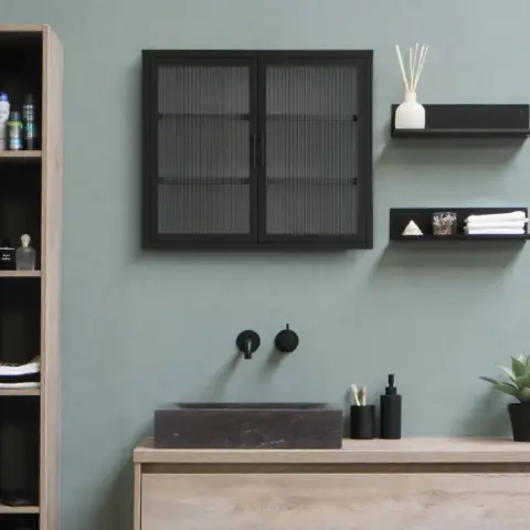 Retro Style Haze Double Glass Door Wall Cabinet With Detachable Shelves For Office, Dining Room,living Room, Kitchen And Bathroom Black 3