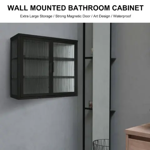 Retro Style Haze Double Glass Door Wall Cabinet With Detachable Shelves For Office, Dining Room,living Room, Kitchen And Bathroom Black 4