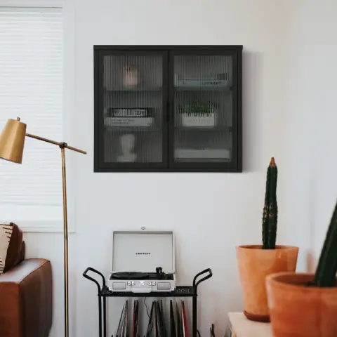 Retro Style Haze Double Glass Door Wall Cabinet With Detachable Shelves For Office, Dining Room,living Room, Kitchen And Bathroom Black 5