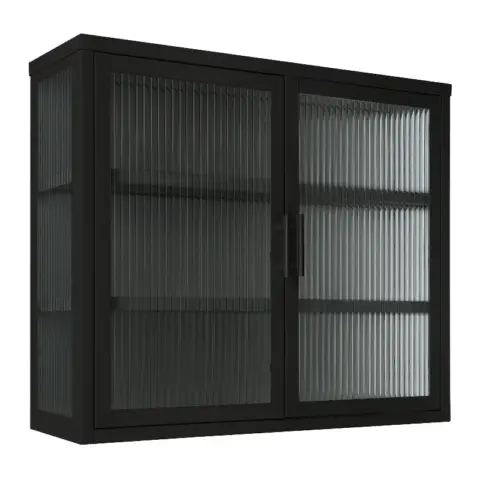 Retro Style Haze Double Glass Door Wall Cabinet With Detachable Shelves For Office, Dining Room,living Room, Kitchen And Bathroom Black 7