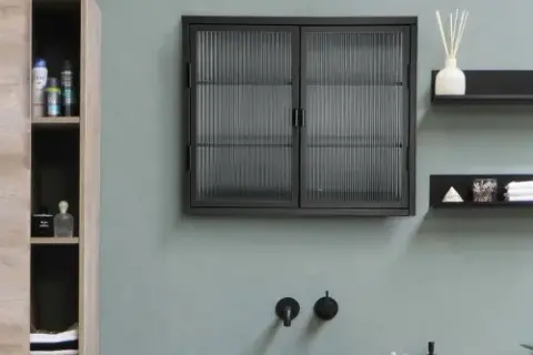 Retro Style Haze Double Glass Door Wall Cabinet With Detachable Shelves For Office, Dining Room,living Room, Kitchen And Bathroom Black