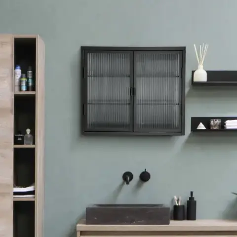 Retro Style Haze Double Glass Door Wall Cabinet With Detachable Shelves for Office, Dining Room,Living Room, Kitchen and Bathroom