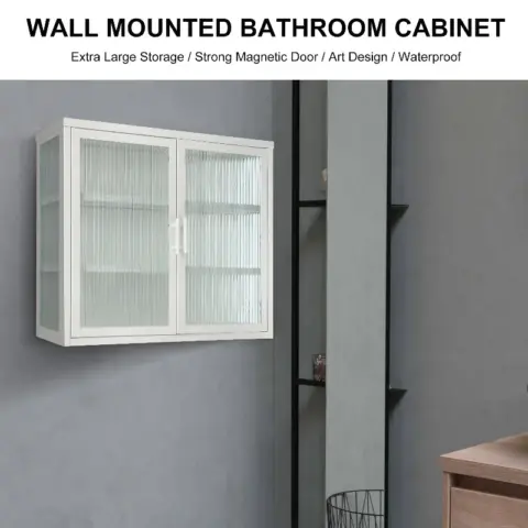 Retro Style Haze Double Glass Door Wall Cabinet With Detachable Shelves For Office, Dining Room,living Room, Kitchen And Bathroom White Color 1