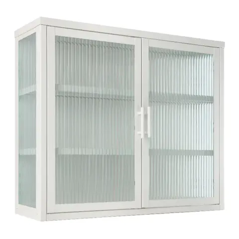 Retro Style Haze Double Glass Door Wall Cabinet With Detachable Shelves For Office, Dining Room,living Room, Kitchen And Bathroom White Color 4