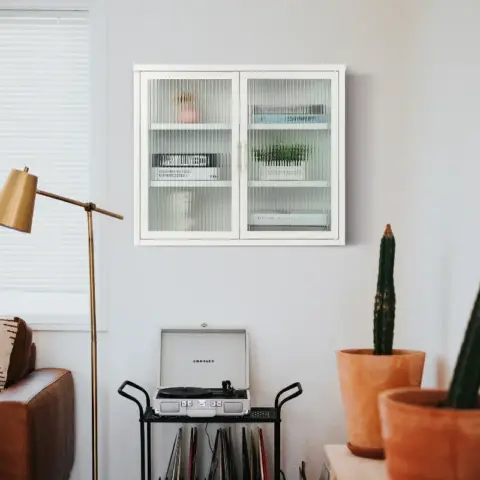 Retro Style Haze Double Glass Door Wall Cabinet With Detachable Shelves For Office, Dining Room,living Room, Kitchen And Bathroom White Color 5