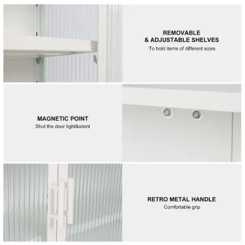 Retro Style Haze Double Glass Door Wall Cabinet With Detachable Shelves For Office, Dining Room,living Room, Kitchen And Bathroom White Color 6