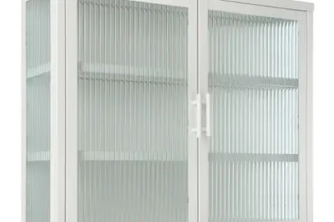 Retro Style Haze Double Glass Door Wall Cabinet With Detachable Shelves For Office, Dining Room,living Room, Kitchen And Bathroom White Color