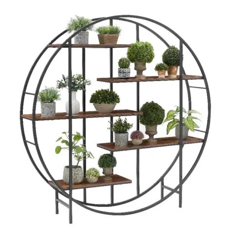 Round 5 Tier Metal Plant Stand Bookcase Storage Rack, Indoor Living Room Terrace Garden Balcony Display Stand. Rustic Brown 11