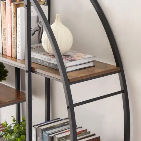 Round 5 Tier Metal Plant Stand Bookcase Storage Rack, Indoor Living Room Terrace Garden Balcony Display Stand. Rustic Brown 12
