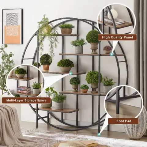 Round 5 Tier Metal Plant Stand Bookcase Storage Rack, Indoor Living Room Terrace Garden Balcony Display Stand. Rustic Brown 15