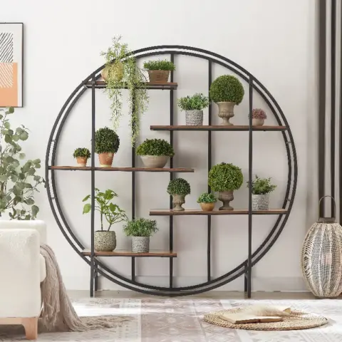 Round 5 Tier Metal Plant Stand Bookcase Storage Rack, Indoor Living Room Terrace Garden Balcony Display Stand. Rustic Brown 2