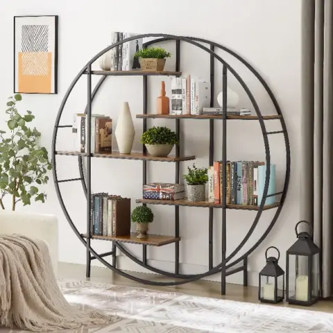 Round 5 Tier Metal Plant Stand Bookcase Storage Rack, Indoor Living Room Terrace Garden Balcony Display Stand. Rustic Brown 3