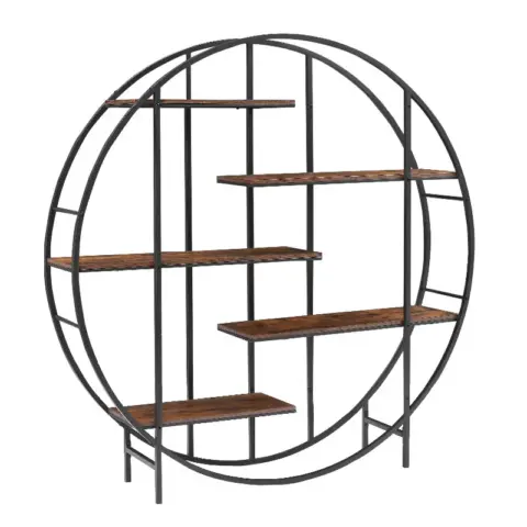 Round 5 Tier Metal Plant Stand Bookcase Storage Rack, Indoor Living Room Terrace Garden Balcony Display Stand. Rustic Brown 4