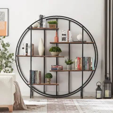 Round 5 Tier Metal Plant Stand Bookcase Storage Rack, Indoor Living Room Terrace Garden Balcony Display Stand. Rustic Brown 5