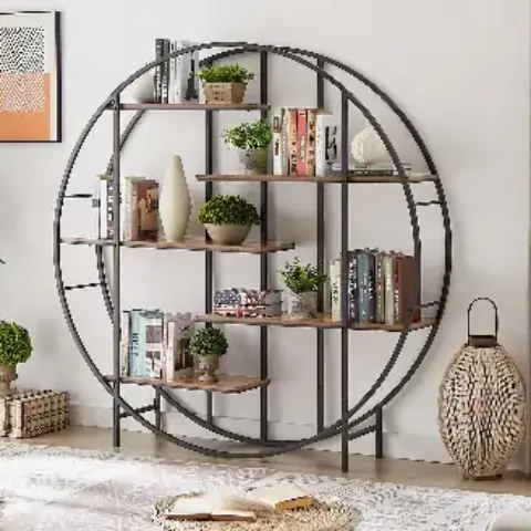 Round 5 Tier Metal Plant Stand Bookcase Storage Rack, Indoor Living Room Terrace Garden Balcony Display Stand. Rustic Brown 6