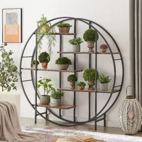 Round 5 Tier Metal Plant Stand Bookcase Storage Rack, Indoor Living Room Terrace Garden Balcony Display Stand. Rustic Brown 8
