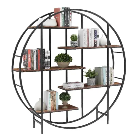 Round 5 Tier Metal Plant Stand Bookcase Storage Rack, Indoor Living Room Terrace Garden Balcony Display Stand. Rustic Brown 9