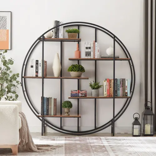 Round 5-Tier Metal Plant Stand bookcase storage rack, Indoor Living Room Terrace Garden Balcony Display Stand. Rustic Brown