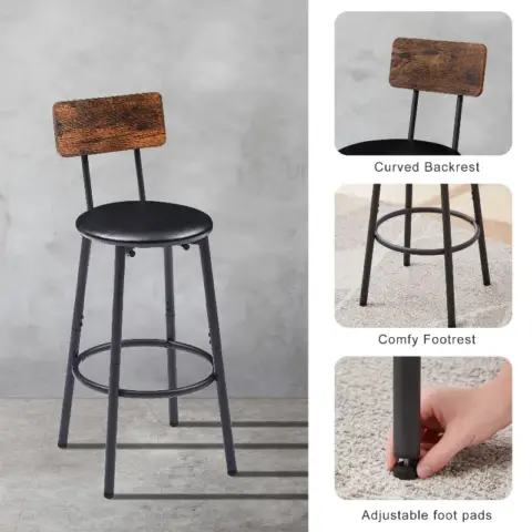 Round Bar Stool Set With Shelf, Upholstered Stool With Backrest, Rustic Brown 1