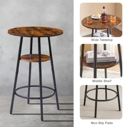 Round Bar Stool Set With Shelf, Upholstered Stool With Backrest, Rustic Brown 10