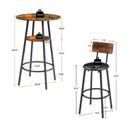 Round Bar Stool Set With Shelf, Upholstered Stool With Backrest, Rustic Brown 11