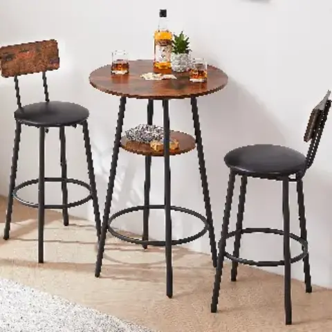 Round Bar Stool Set With Shelf, Upholstered Stool With Backrest, Rustic Brown 13