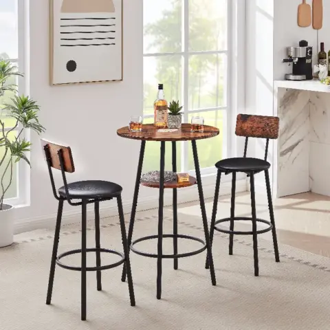 Round Bar Stool Set With Shelf, Upholstered Stool With Backrest, Rustic Brown 15