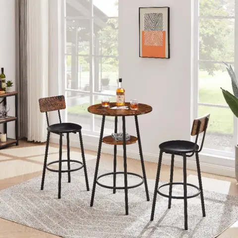 Round Bar Stool Set With Shelf, Upholstered Stool With Backrest, Rustic Brown 19