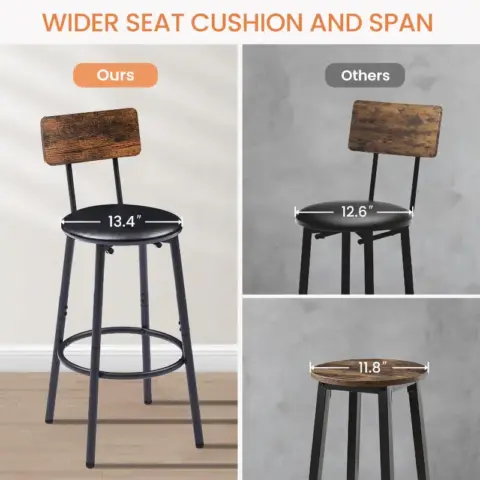 Round Bar Stool Set With Shelf, Upholstered Stool With Backrest, Rustic Brown 20