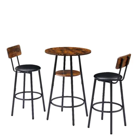 Round Bar Stool Set With Shelf, Upholstered Stool With Backrest, Rustic Brown 4