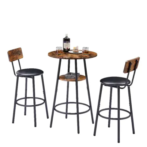 Round Bar Stool Set With Shelf, Upholstered Stool With Backrest, Rustic Brown 5